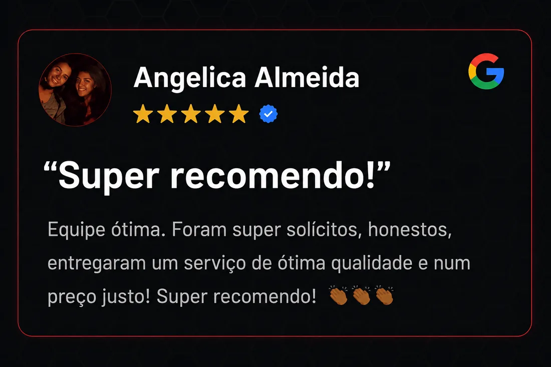 Avaliação cinco estrelas de Angelica Almeida recomendando a equipe e o serviço.