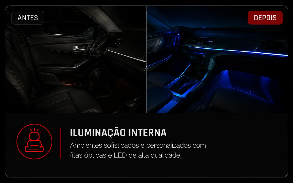 Iluminação interna: comparação antes e depois com fitas ópticas e LED azul.